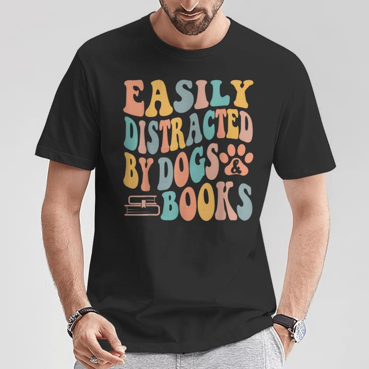 Easily Distracted By Dogs & Books Animals Book Lover Groovy T-Shirt Unique Gifts