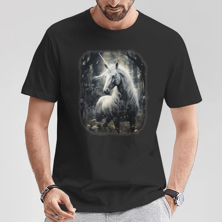 Fantasy White Unicorn Standing In A Forest T-Shirt Unique Gifts