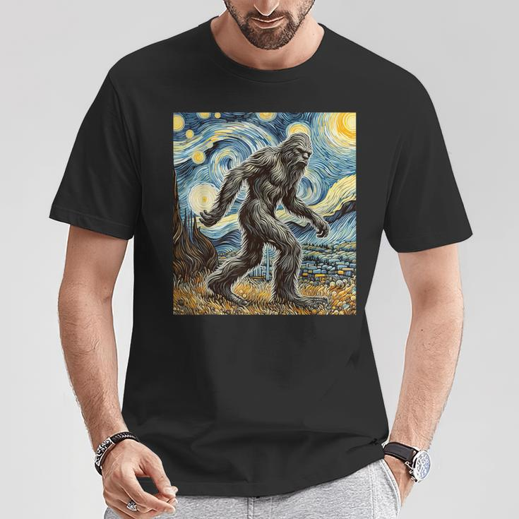Bigfoot Starry Night Sasquatch Van Gogh Sky Painting T-Shirt Unique Gifts