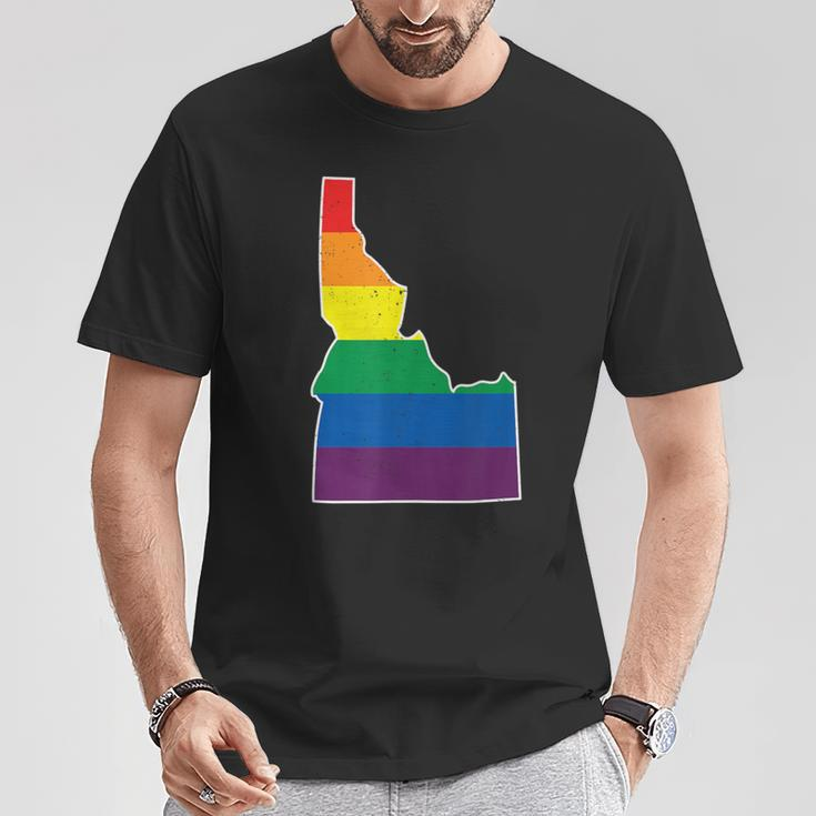 Gay Pride Flag Idaho State Map Rainbow Stripes T-Shirt Unique Gifts
