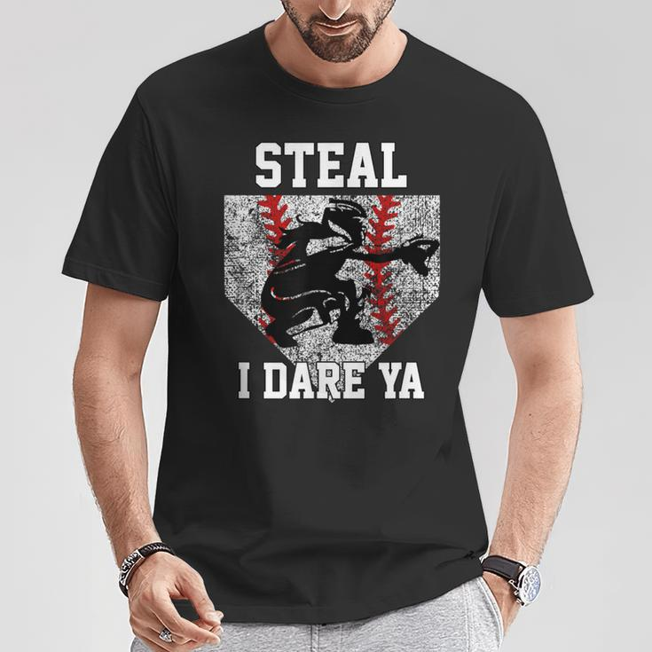 Girls Softball Catcher Steal I Dare Ya Player T-Shirt Unique Gifts