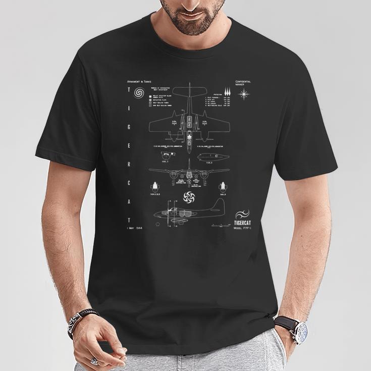 Grumman F7f-1 Tigercat Tanks Armor 3-View Technical Drawing T-Shirt Unique Gifts