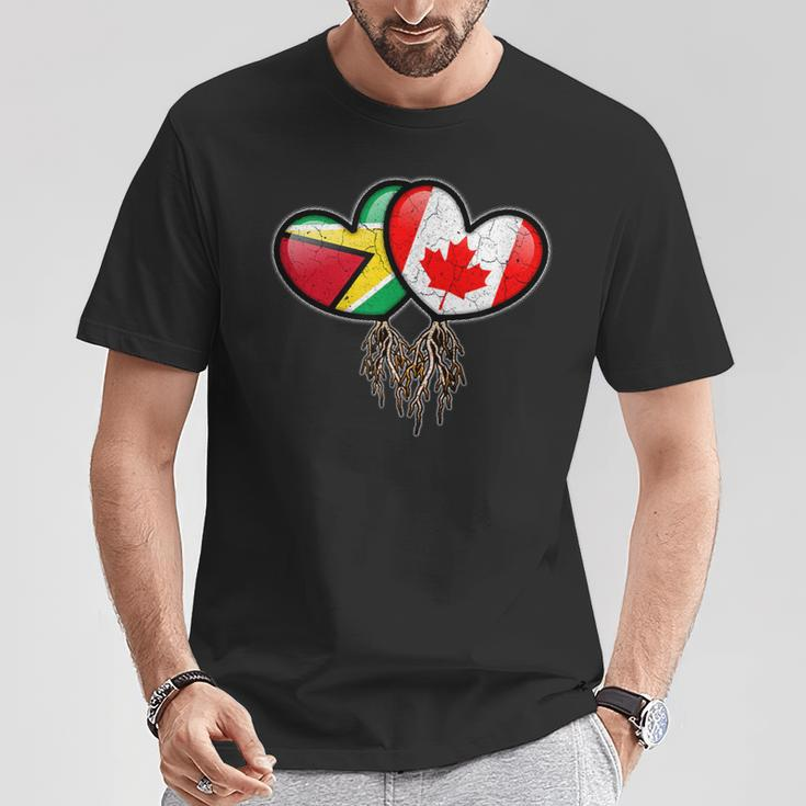 Guyanese Canadian Flags Inside Hearts With Roots T-Shirt Unique Gifts