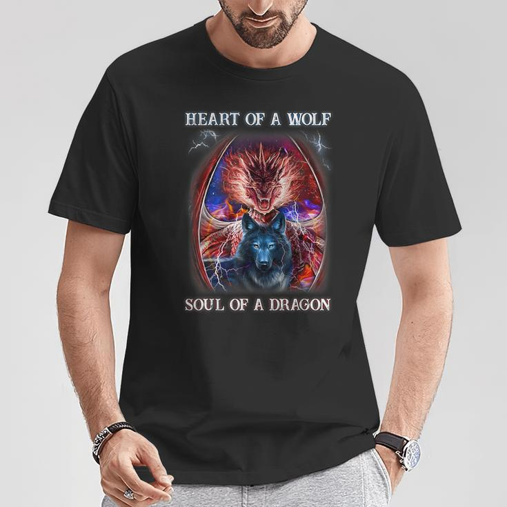 Heart Of Wolf Soul Of A Dragon Cool Dragon Wolf Warrior T-Shirt Funny Gifts