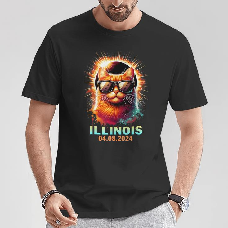 Illinois Total Solar Eclipse 2024 Cat Wearing Glasses T-Shirt Unique Gifts