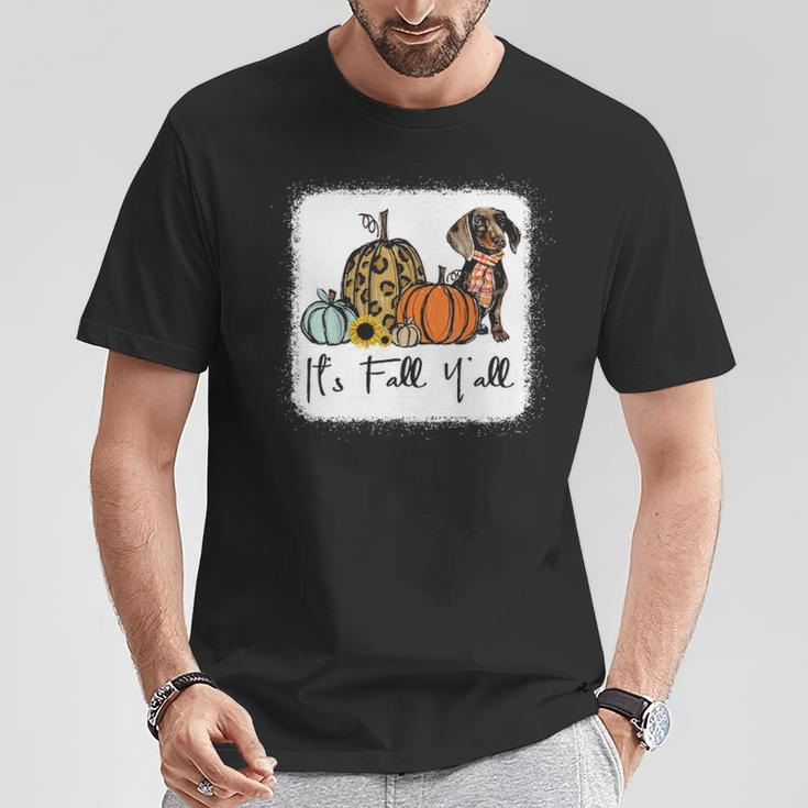 It's Fall Y'all Yellow Dachshund Dog Leopard Pumpkin Falling T-Shirt Unique Gifts