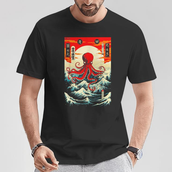 Japanese Octopus Waves Sun Japan Anime Travel Souvenir T-Shirt Unique Gifts