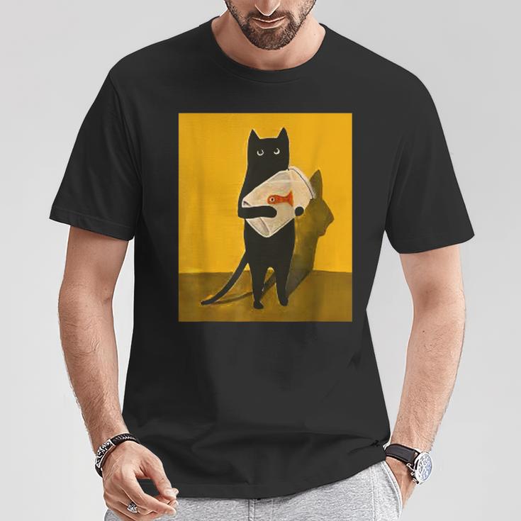 Katze Hält Goldfischglas-Kunstdesign T-Shirt Lustige Geschenke