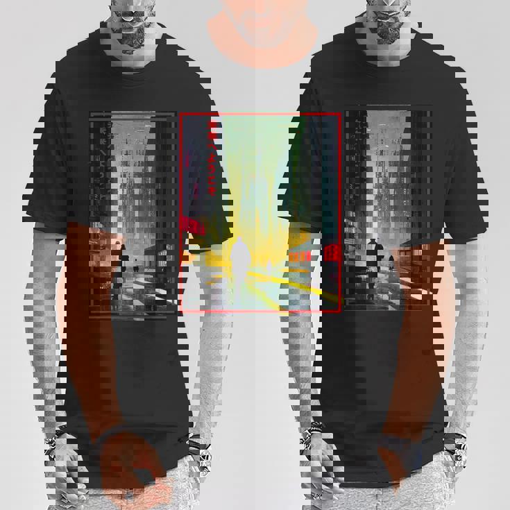 A Man Walks Cyberpunk City Japanese Text Futuristic Costume T-Shirt Personalized Gifts