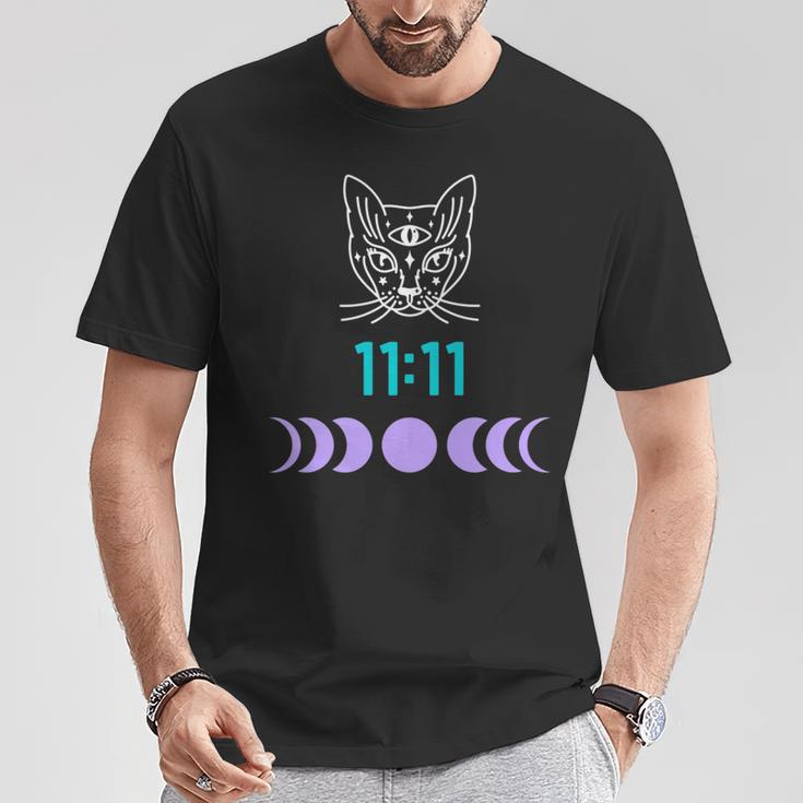 Manifestation Cat And Moon Phase 11 11 Eleven Eleven Purple T-Shirt Unique Gifts