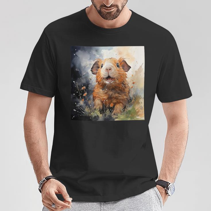 Meerschweinchen Blumen Aquarell Illustration Grafik T-Shirt Lustige Geschenke