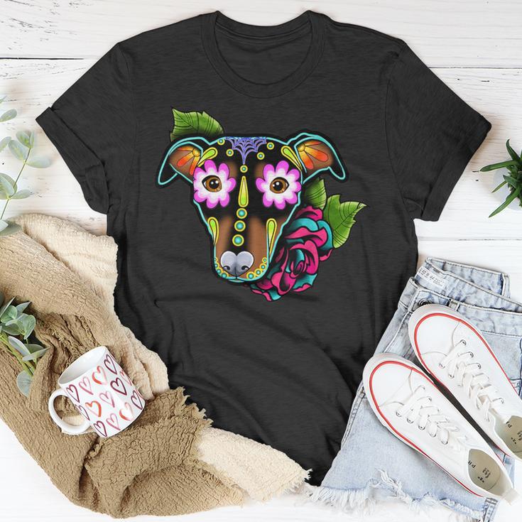 Min Pin Day Of The Dead Sugar Skull Miniature Pinscher Dog T-Shirt Unique Gifts