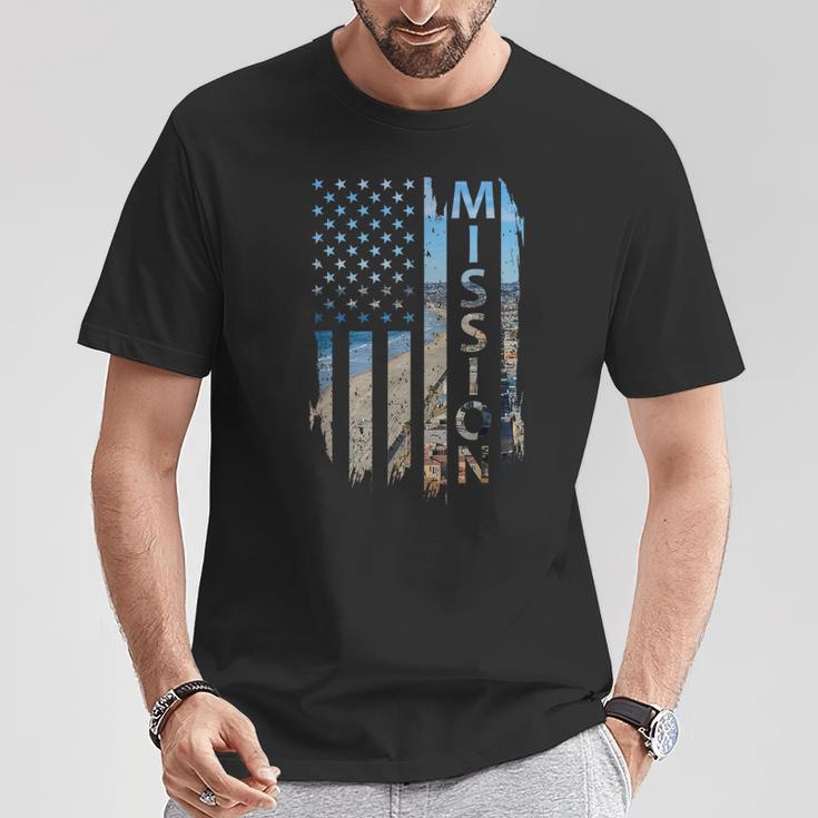 Mission Beach Summer Sunset American Flag Patriotic T-Shirt Unique Gifts