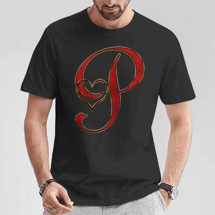 Monogram Initial Letter P Red Heart T-Shirt Unique Gifts