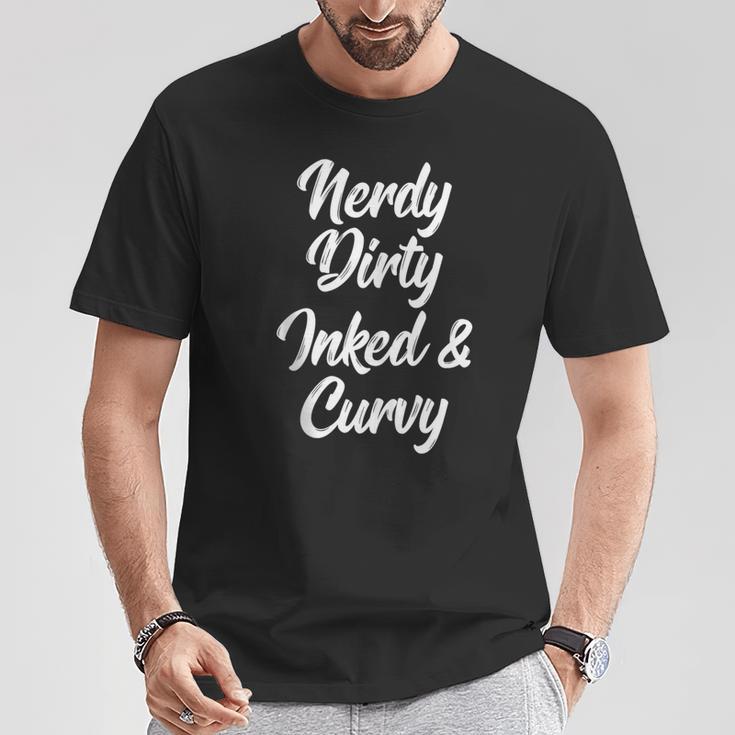 Nerdy Dirty Inked & Curvy Reading Lovers Tattoo Curves Women T-Shirt Unique Gifts