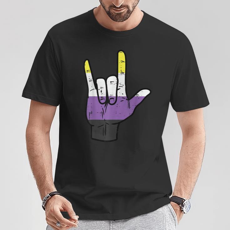 Nonbinary Ich Liebe Dich Hand Sign Language Enby Nb Pride Flag T-Shirt Lustige Geschenke