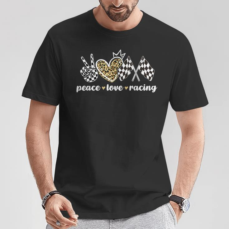 Peace Love Racing Leopard Print V Sign Heart Flag Racing T-Shirt Unique Gifts
