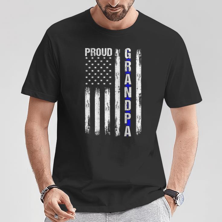 Proud Grandpa American Flag Thin Blue Line Police On Back T-Shirt Unique Gifts