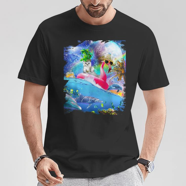 Rainbow Space Galaxy Cat On Flamingo Dolphin T-Shirt Unique Gifts