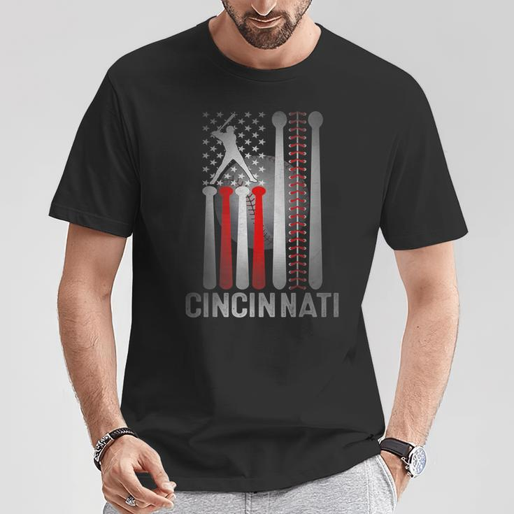 Retro Cincinnati American Flag Distressed Baseball Fans T-Shirt Funny Gifts