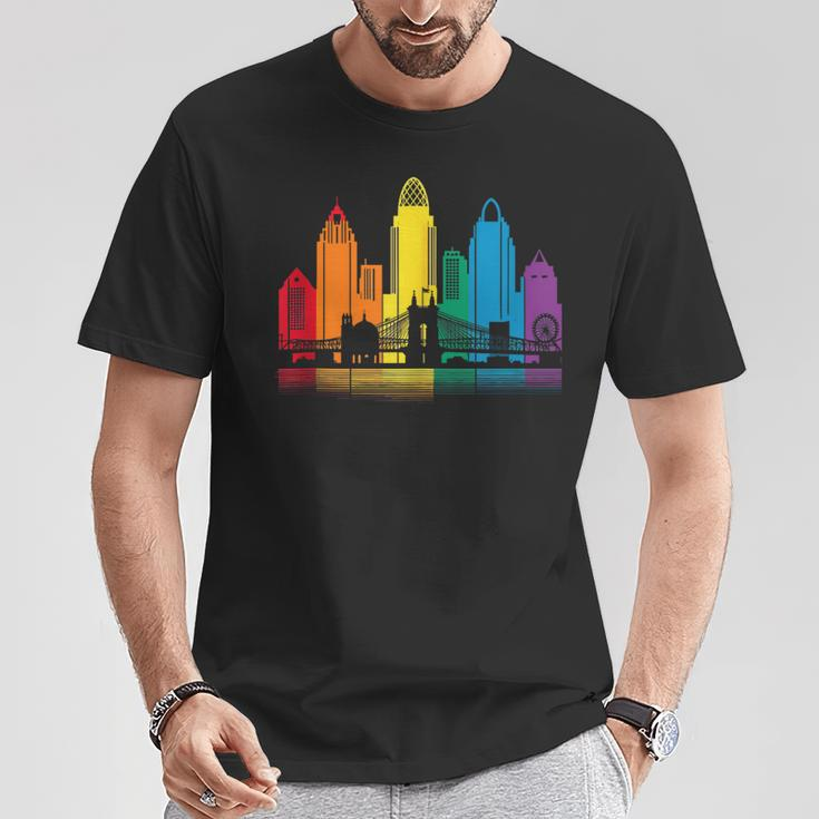 Retro Cincinnati Skyline Rainbow Lgbt Lesbian Gay Pride T-Shirt Unique Gifts