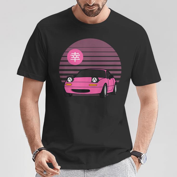 Retro Sonnenuntergang & Sportwagen Grafik T-Shirt, Stilvoller Print Lustige Geschenke