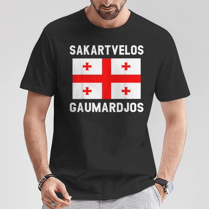 Sakartvelos Gaumarjos Hallo Georgien Reisen Georgische Flagg T-Shirt Lustige Geschenke
