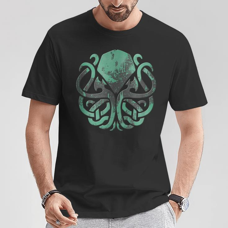 Schwarzes Kraken T-Shirt mit Vintage-Mond Motiv in Grün Lustige Geschenke
