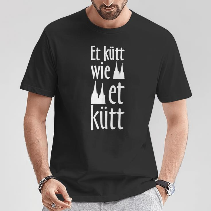 Schwarzes T-Shirt Kölscher Spruch Et kütt wie et kütt, Dom-Silhouette Motiv Lustige Geschenke