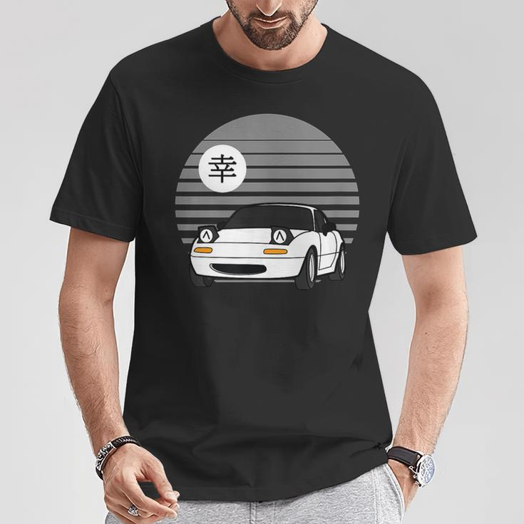 Schwarzes T-Shirt mit japanischem Sonnenuntergang und Sportwagen Lustige Geschenke