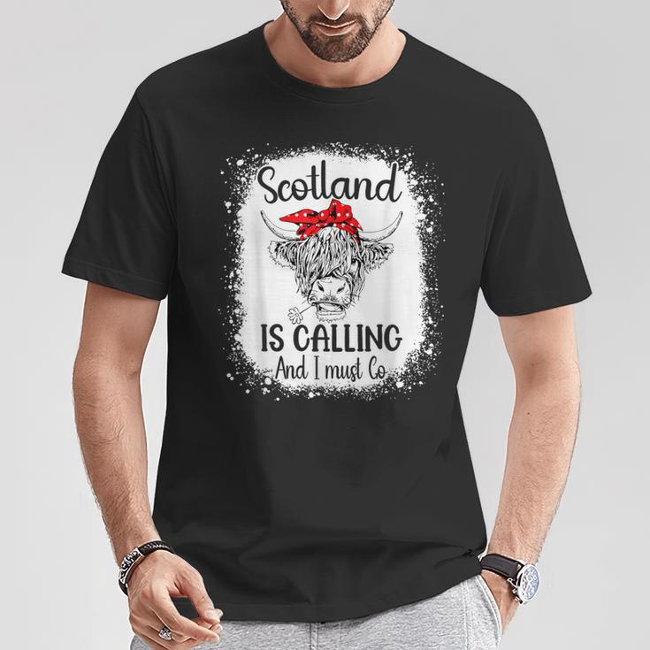 Scotland Is Calling And I Must Go Bleached Highland Cow T-Shirt Unique Gifts