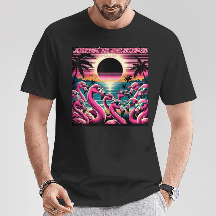 Solar Eclipse 2024 Retro Flamingos Flockin' To The Eclipse T-Shirt Unique Gifts