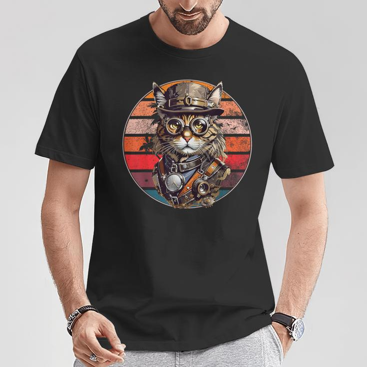 Steampunk Cat Retro Sunset Glasses Hat And Watches T-Shirt Lustige Geschenke