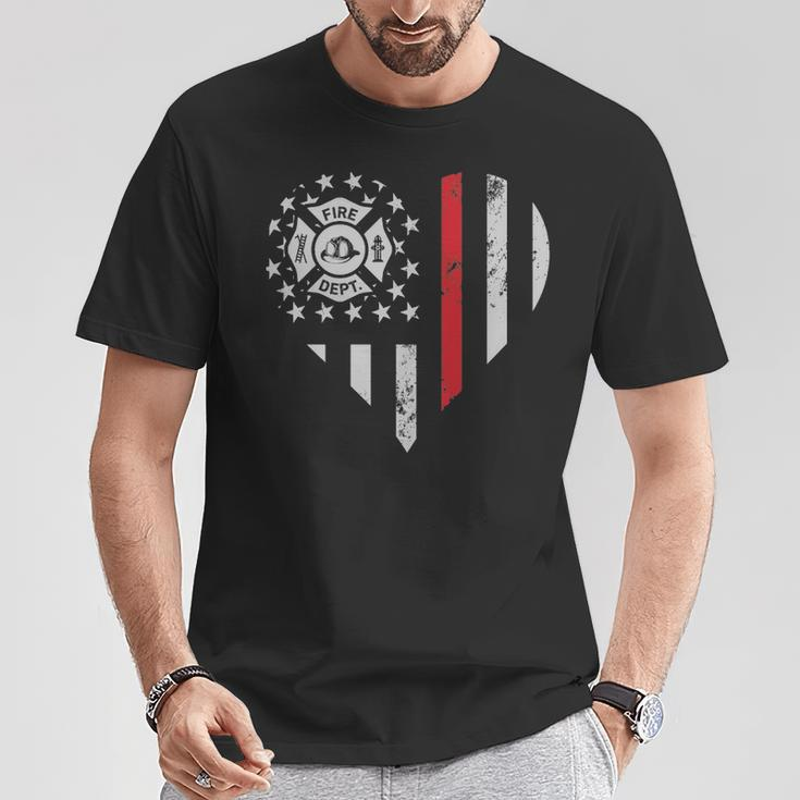 Thin Red Line Firefighter Love American Flag Heart T-Shirt Unique Gifts