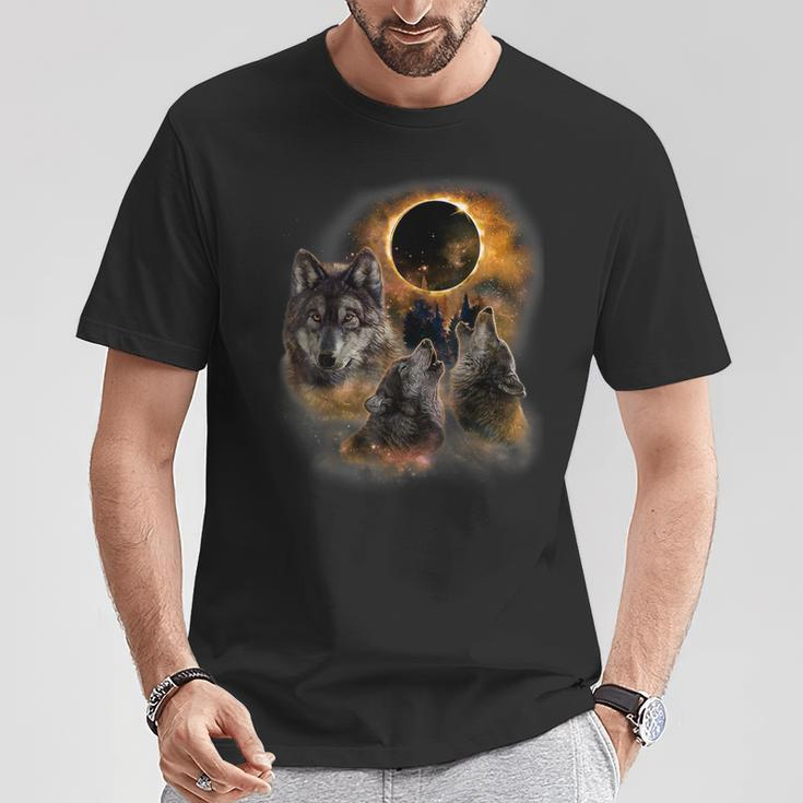 Three Wolves And Solar Eclipse Forest Wolf Animals Wild T-Shirt Unique Gifts
