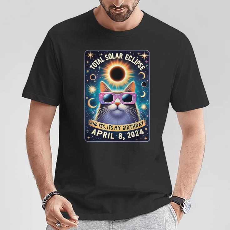 Total Solar Eclipse Yes It's My Birthday April 8 2024 Cat T-Shirt Unique Gifts