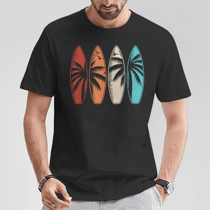 Tropical Hawaii Palm Tree Surfing Beach Surfboard Retro Surf T-Shirt Funny Gifts