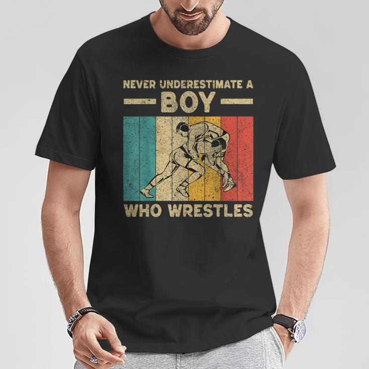 Never Underestimate A Boy Who Wrestles Vintage Wrestling T-Shirt Unique Gifts