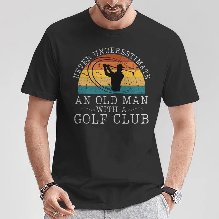 Never Underestimate An Old Man With A Golf Club Retro Sunset T-Shirt Funny Gifts