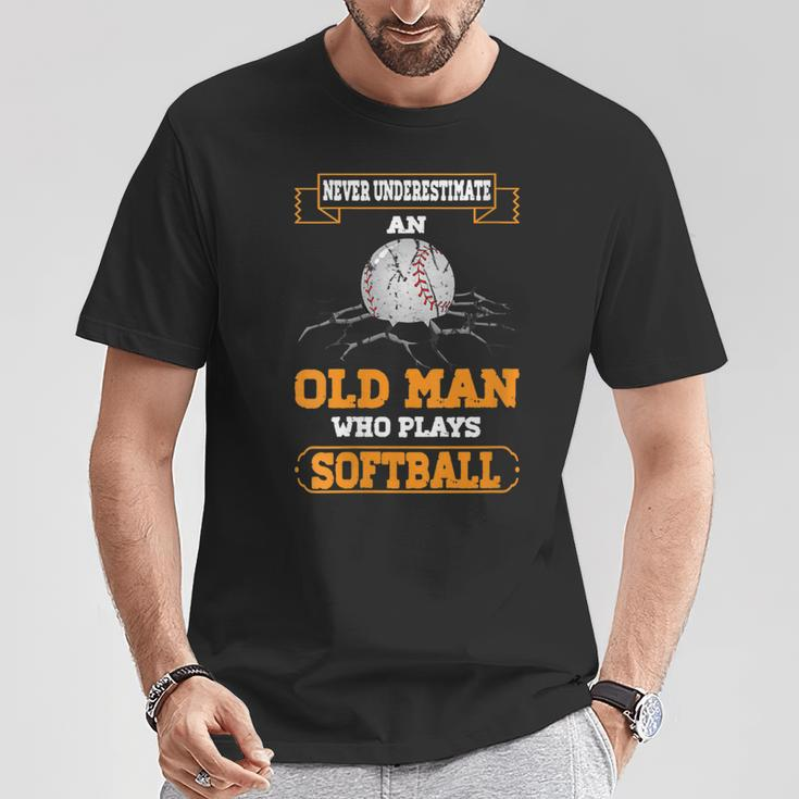 Never Underestimate An Old Man Who Plays Softball T-Shirt Unique Gifts