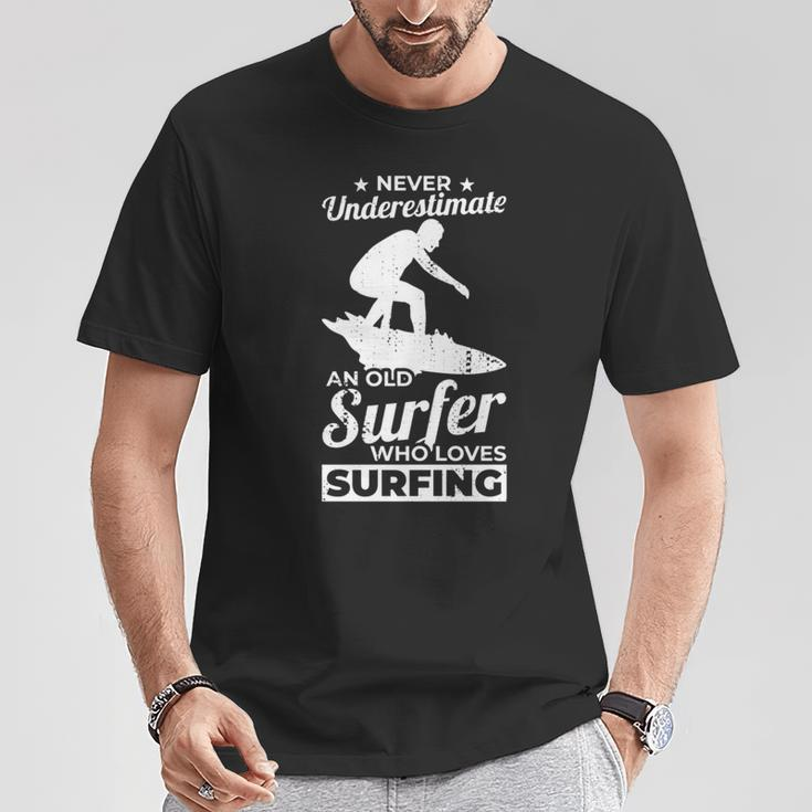 Never Underestimate An Old Surfer Surfing Grandpa T-Shirt Unique Gifts