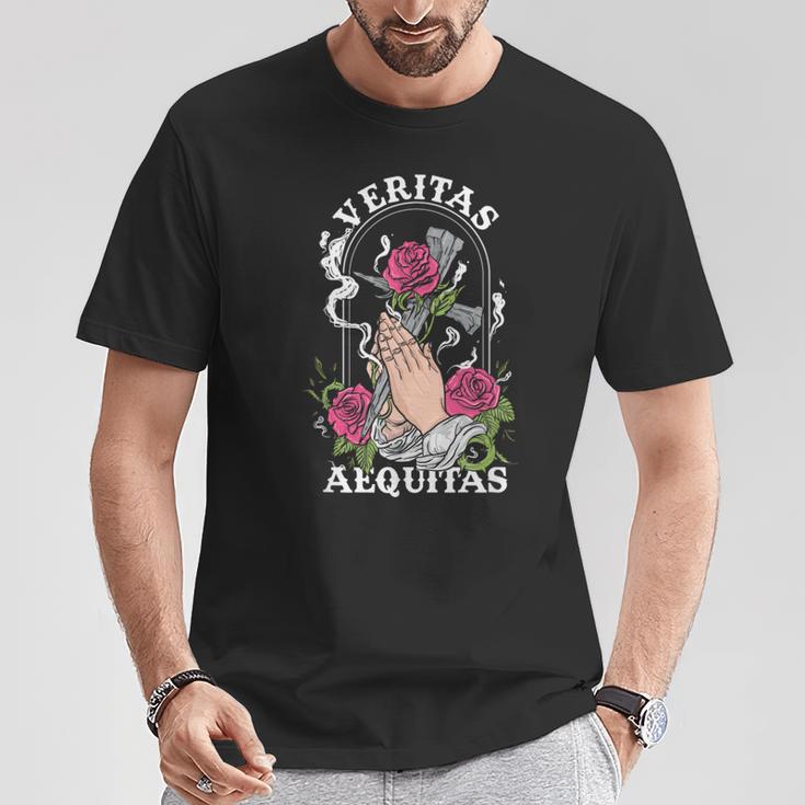 Veritas Aequitas Cross Roses Praying Hands Pray God T-Shirt Unique Gifts