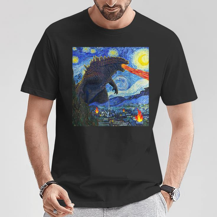 Vintage Japanese Monster Kaiju In Van Gogh Starry Night T-Shirt Funny Gifts
