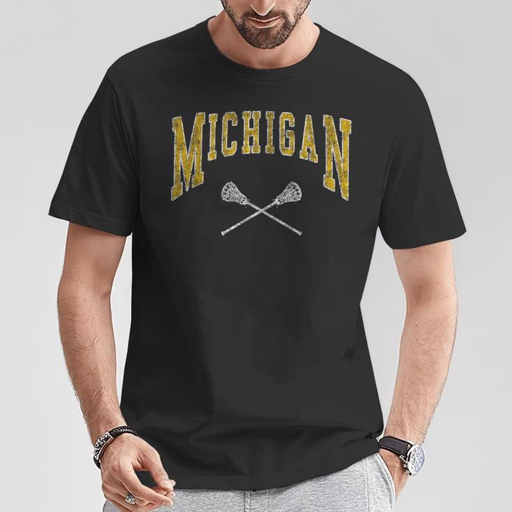 Vintage Michigan Lacrosse Distressed Lax Player Michigan Fan T-Shirt Personalized Gifts