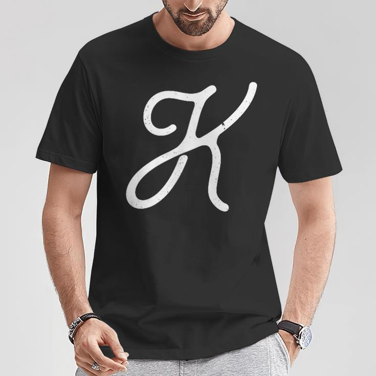Vintage-Style Letter K Initial Monogram Script Font T-Shirt Unique Gifts
