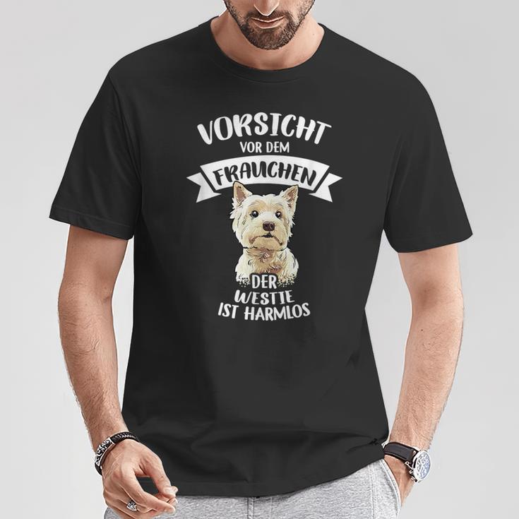 Vorsichtor Dem Frauchen Der Westie Ist Harmlos Gassi T-Shirt Lustige Geschenke