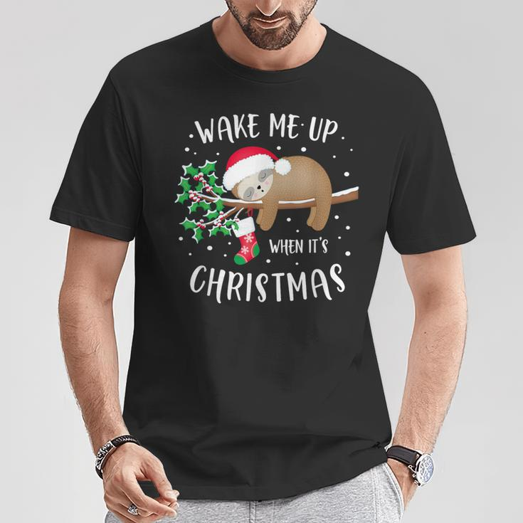 Weck Mich Auf Wenn Weihnachten Ist Faultier T-Shirt, Schwarzes Kurzarm Lustige Geschenke