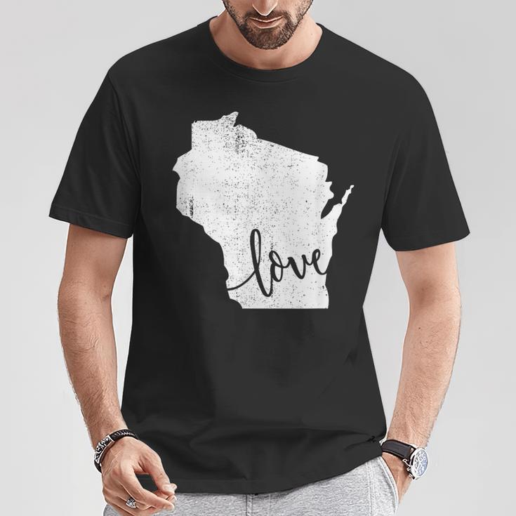 Wisconsin Home Love Vintage State Map Outline T-Shirt Unique Gifts