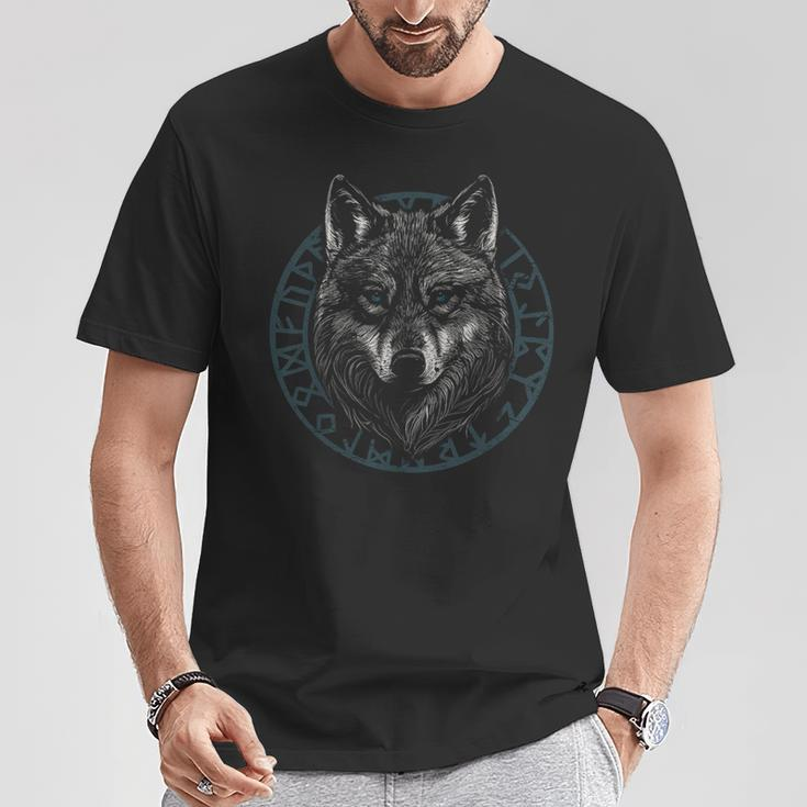 Wolf With Blue Eyes Viking Runes Animal Graphic T-Shirt Funny Gifts