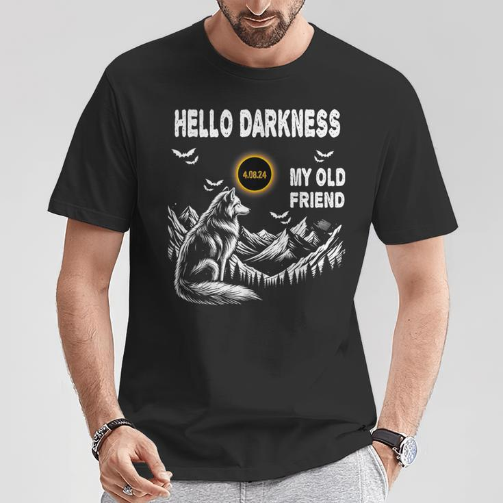 Wolf Hello Darkness My Old Friend Solar Eclipse April 8 2024 T-Shirt Personalized Gifts